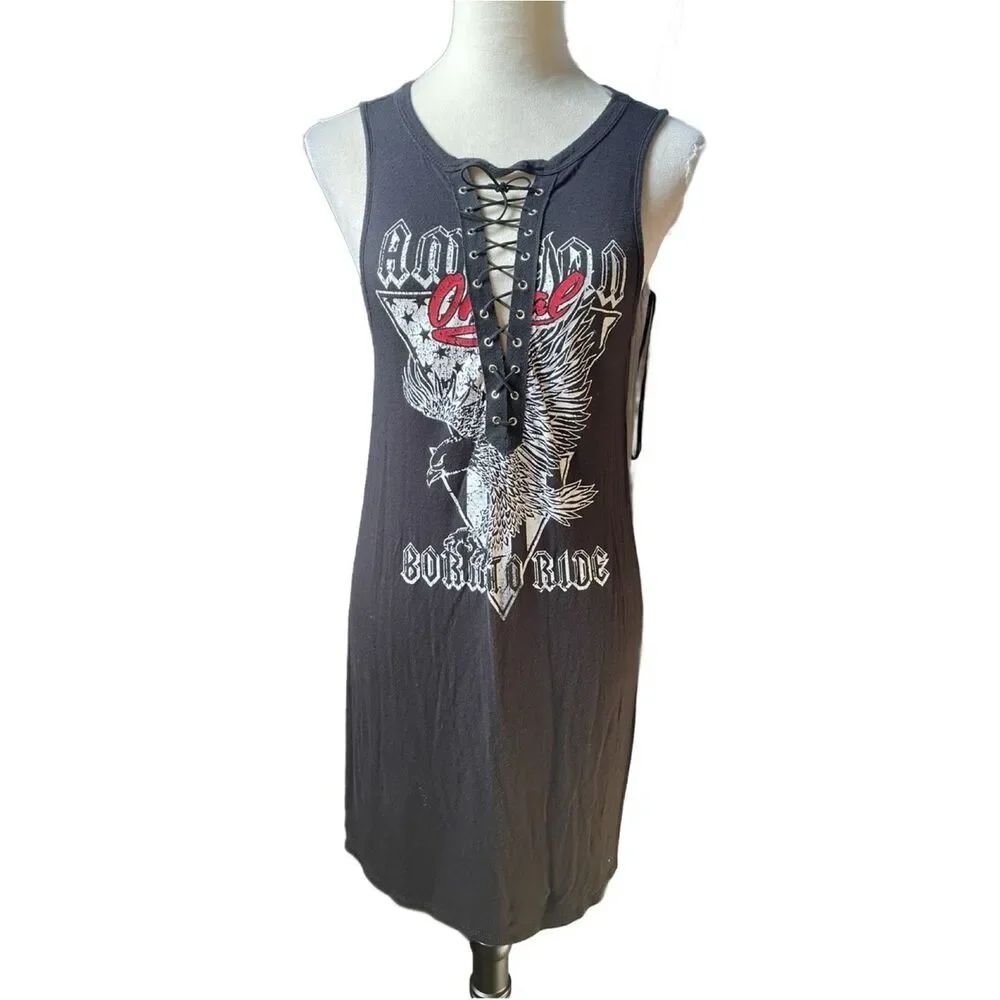 Charlotte Russe Black Lace-Up Rock n’ Roll Graphic Dress - Women (Size: Small) - Picture 3 of 9